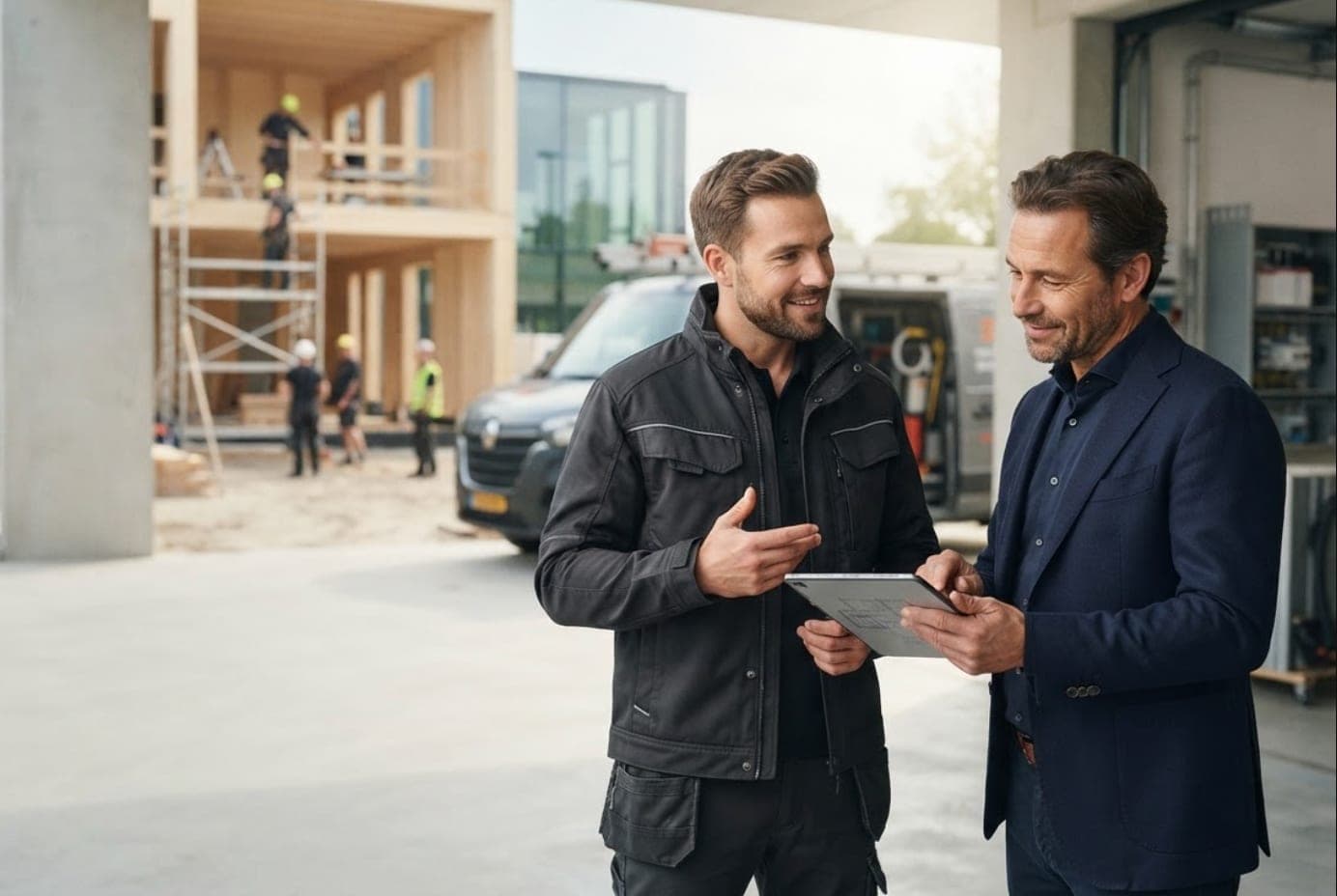 Opdrachtgever en vakman bespreken een klus op locatie
