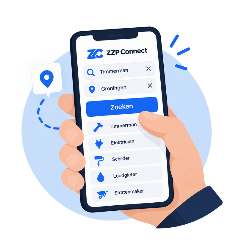 Telefoon met de ZZP Schakel-zoekfunctie: vakgebied en plaats invullen.
