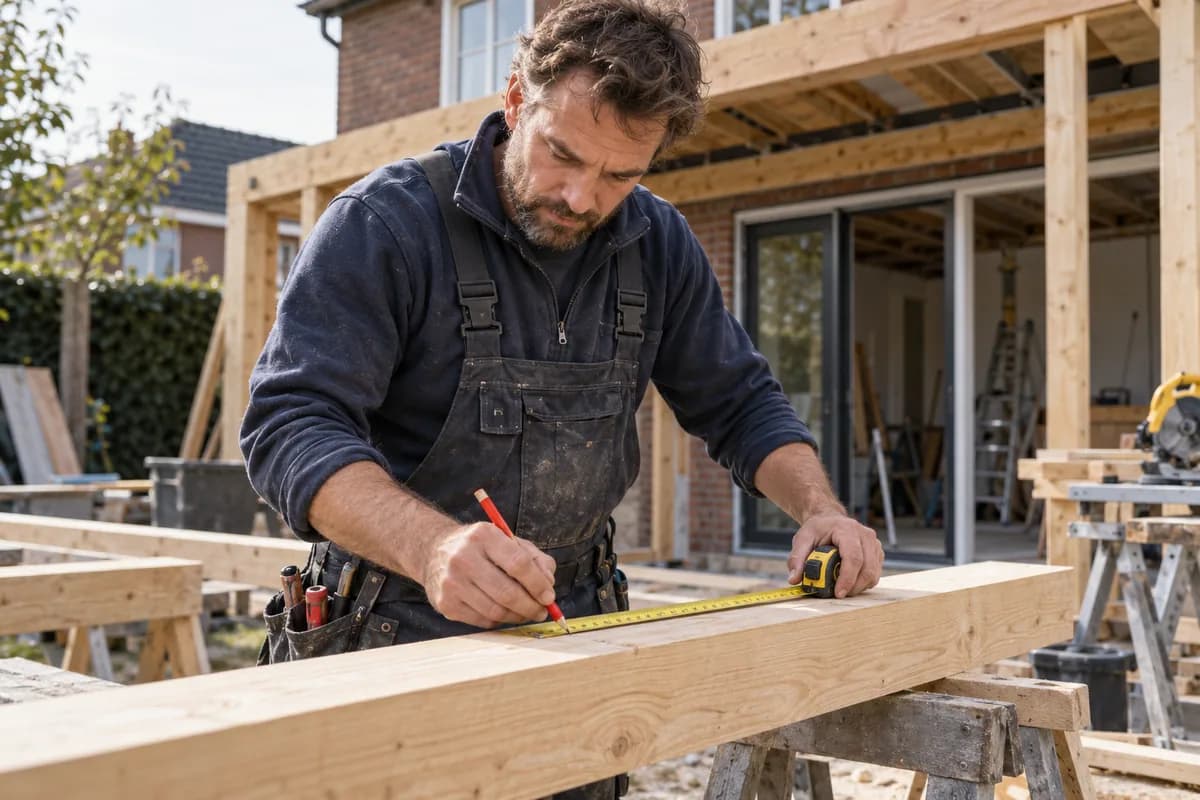 Timmerman meet een houten balk bij een verbouwing.